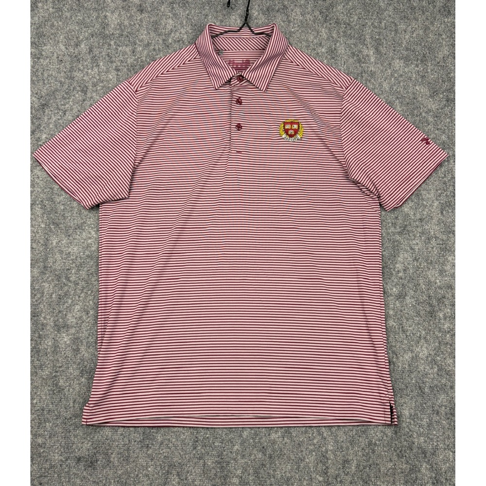 Under Armour Harvard University Polo Shirt Mens Large Crimson White Striped Golf
